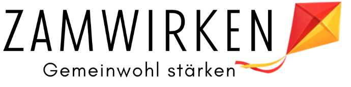 Das Logo von ZamWirken. Ein gelb-roter Winddrachen und der Schriftzug: ZamWirken, Gemeinwohl in der Region stärken.