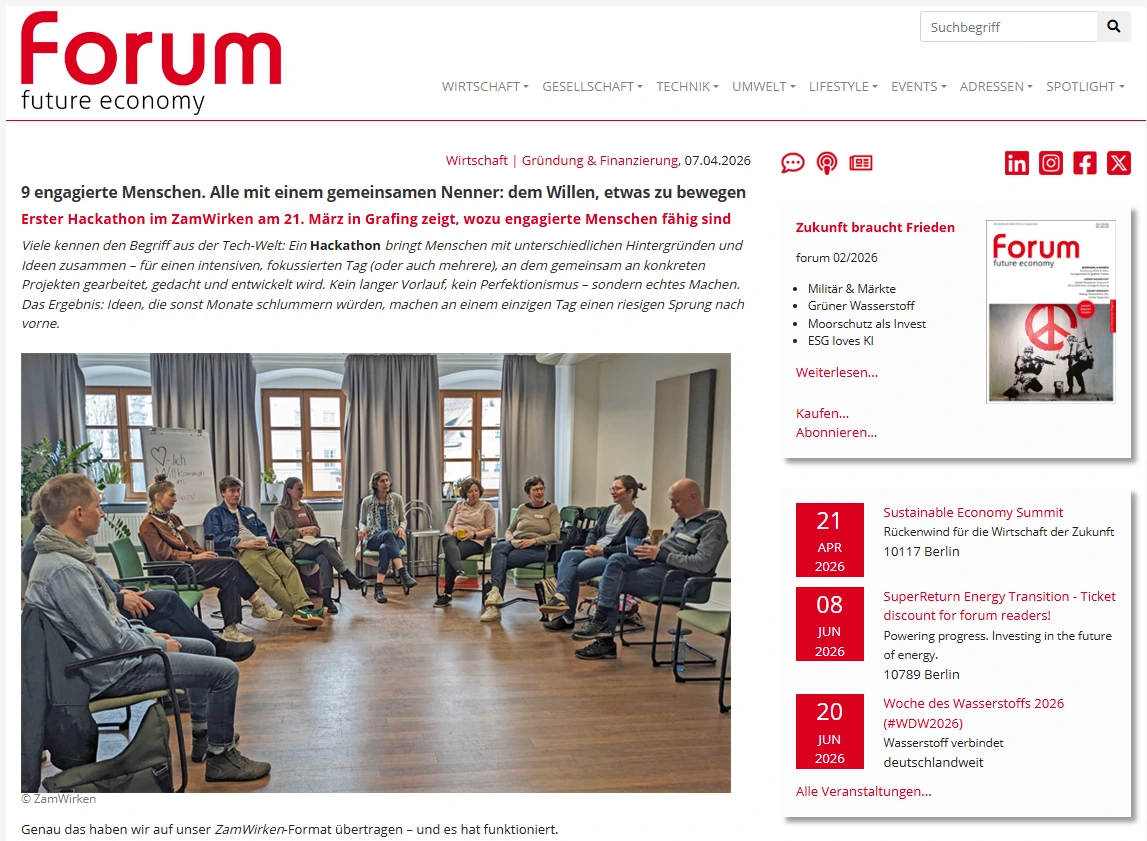 Ein Screenshot des Artikels im Online Magazin forum future economy
